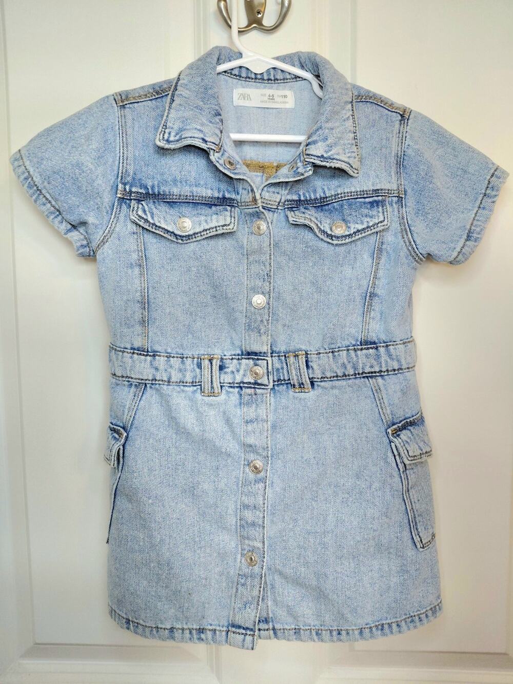 Zara Kids Girls Light Wash Denim Short Sleeve Shirt Dress Snap Button Size 4-5